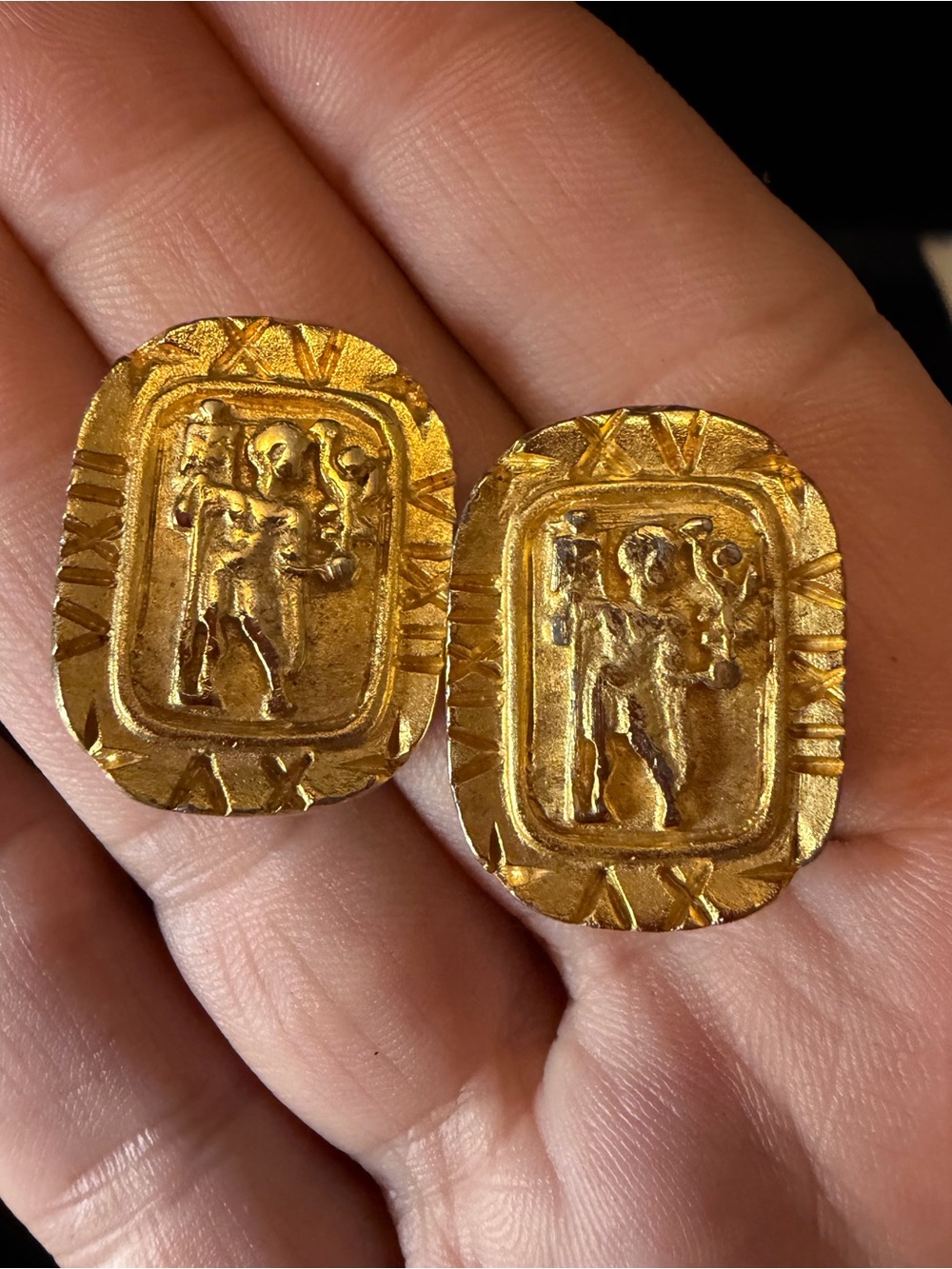 Vintage Goldtone Etruscan Roman Revival Style Clip Earrings By Carolee USA